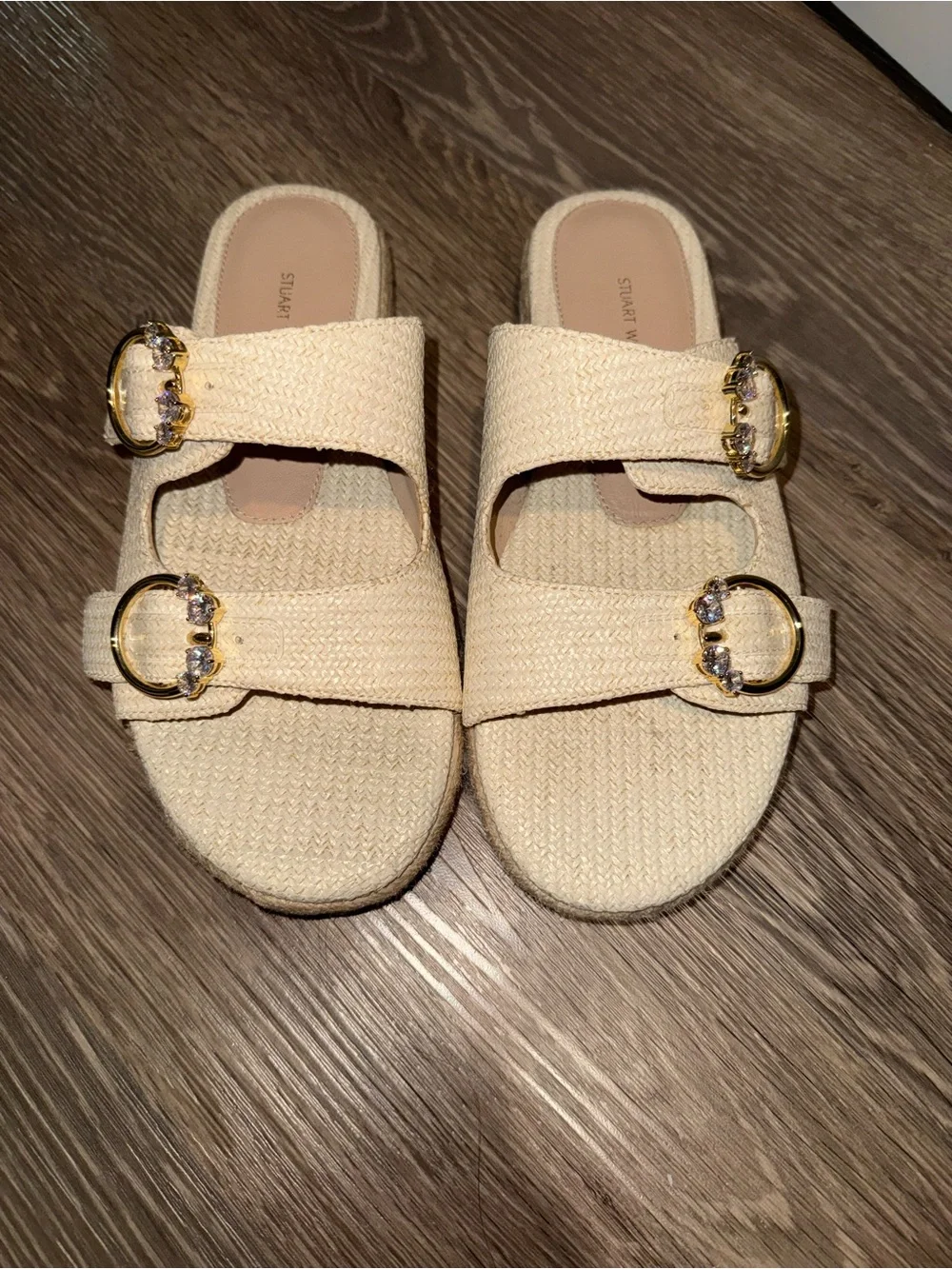 Stuart Weitzman Cream Woven Double-Buckle Slide Sandals with Gold Accents